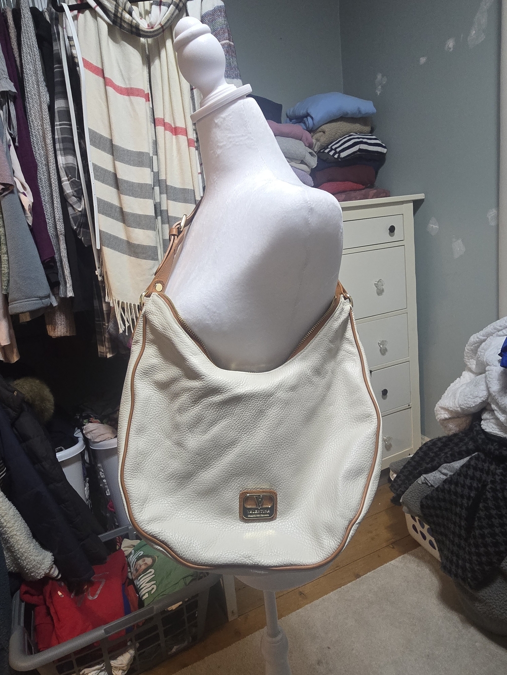 Valentina Cream Leather Slouchy Hobo Bag with Tan Trim